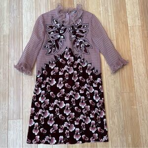 BOTTEGA VENETA pink Red Silk Ruffle and floral velvet patchwork Dress 38IT NEW